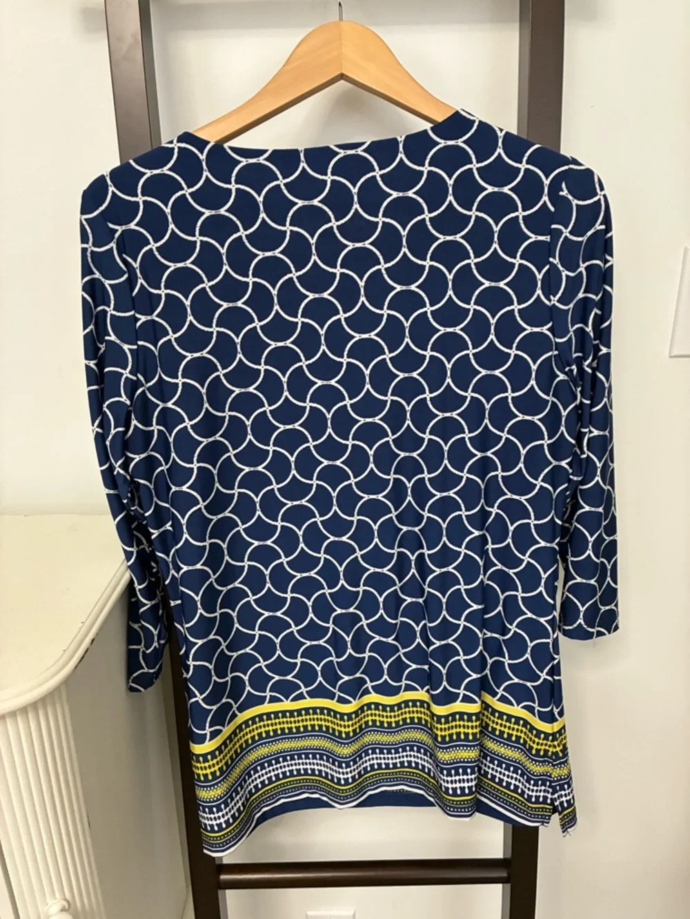 Navy & White Geometric Tunic with metal Accent Neckline. Flattering Feminine - Picture 6 of 11
